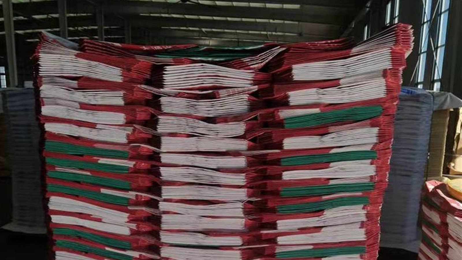 Finished valve bags stacked in the production hall